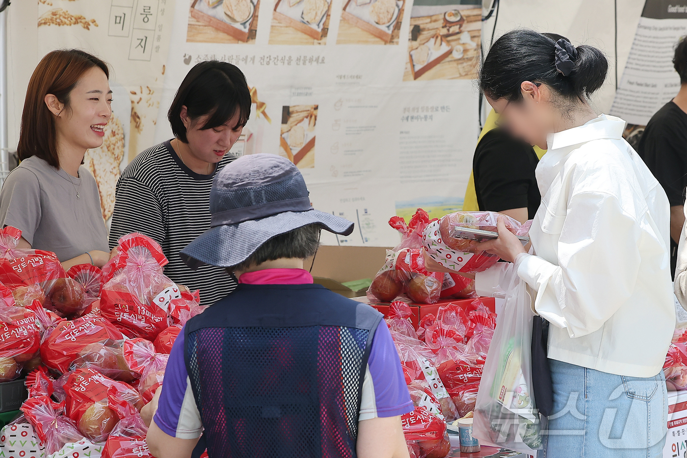 (서울=뉴스1) 김진환 기자 = 17일 오후 서울 마포구 MBC 상암문화광장에서  ‘산불피해지역 희망장터’를 찾은 한 시민이 의성사과를 고르고 있다.서울시와 MBC가 공동주최하는 …
