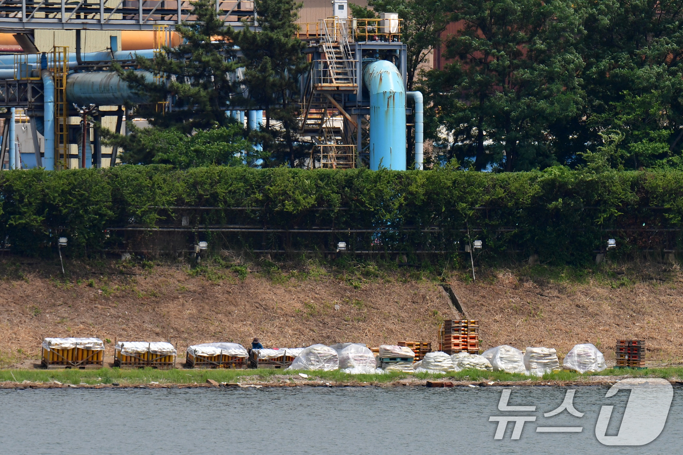 (포항=뉴스1) 최창호 기자 = 17일 경북 포항시 남구 형산강 체육공원 건너편 강변에서 2025 포항국제불빛축제에 사용할 불꽃 발사대 설치 준비가 한창이다. 2025.6.17/뉴 …