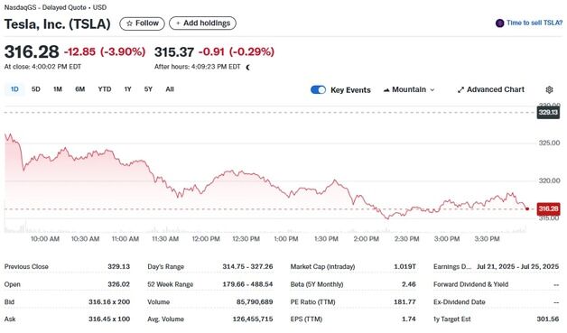 로보택시 회의론, 테슬라 4%↓ 시총 1조달러 턱걸이(상보)