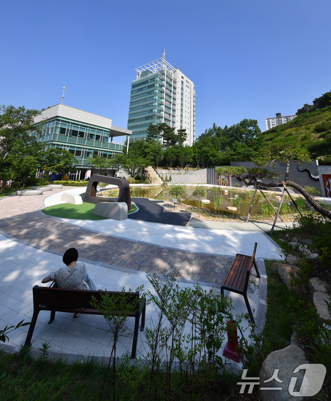 (포항=뉴스1) 최창호 기자 = 18일 경북 포항시청 주변에 조성된 작은 연못가에서 산책 나온 시민이 벤치에 읹아 쉬고 있다.  2025.6.18/뉴스1