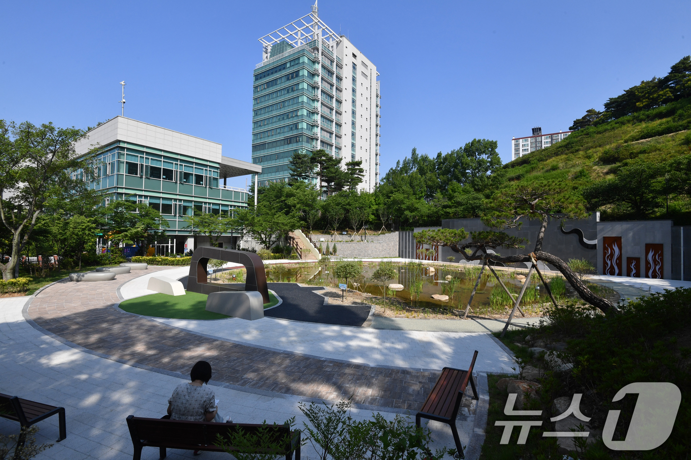 (포항=뉴스1) 최창호 기자 = 18일 경북 포항시청 주변에 조성된 작은 연못가에서 산책 나온 시민이 벤치에 읹아 쉬고 있다. 2025.6.18/뉴스1