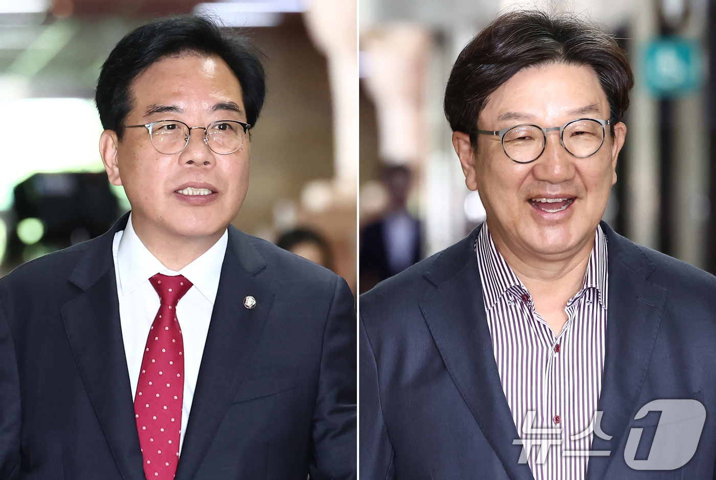 (서울=뉴스1) 김민지 기자 = 국민의힘 송언석 원내대표(왼쪽)와 권성동 전 원내대표가 18일 오전 서울 여의도 국회에서 열린 4선 이상 의원 간담회에 참석하고 있다. 2025.6 …
