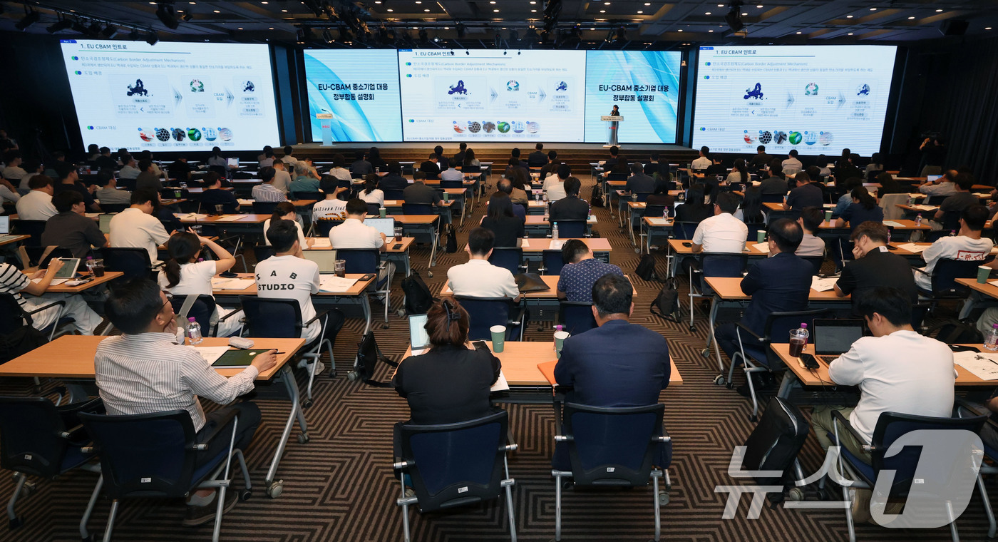 (서울=뉴스1) 박세연 기자 = 신서린 한국생산기술연구원 국가청정생산지원센터 수석연구원이 18일 서울 여의도 중소기업중앙회에서 열린 ‘EU-CBAM(탄소국경조정제도)’ 중소기업 대 …