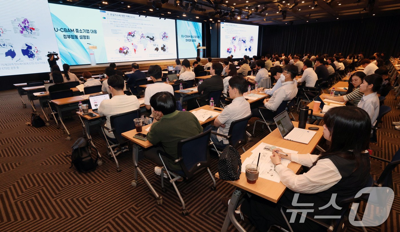 (서울=뉴스1) 박세연 기자 = 신서린 한국생산기술연구원 국가청정생산지원센터 수석연구원이 18일 서울 여의도 중소기업중앙회에서 열린 ‘EU-CBAM(탄소국경조정제도)’ 중소기업 대 …