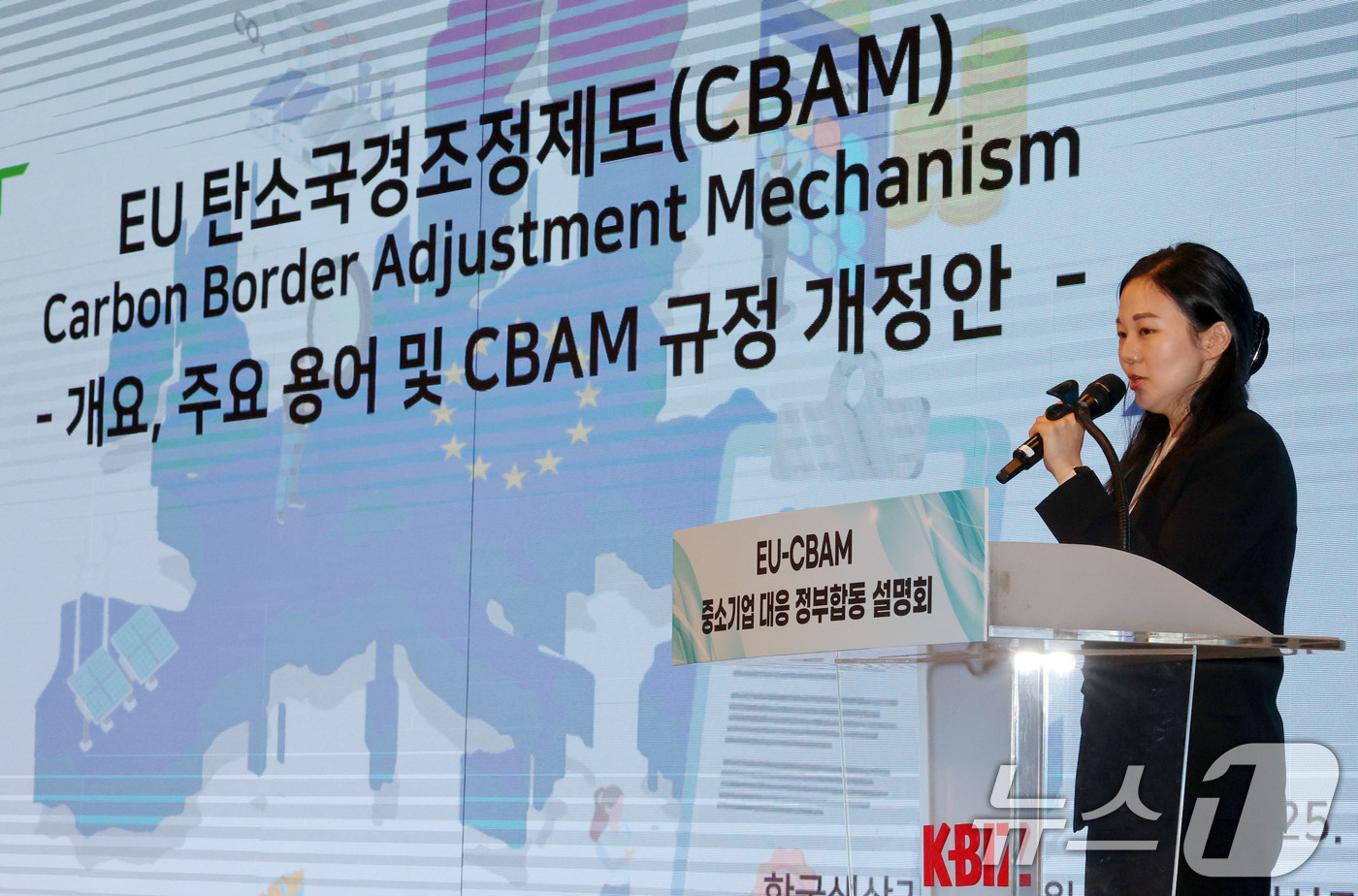 (서울=뉴스1) 박세연 기자 = 신서린 한국생산기술연구원 국가청정생산지원센터 수석연구원이 18일 서울 여의도 중소기업중앙회에서 열린 ‘EU-CBAM(탄소국경조정제도)’ 중소기업 대 …