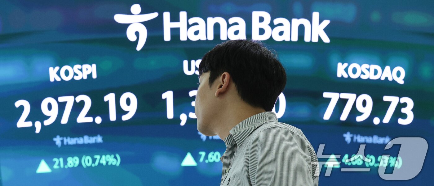 본문 이미지 - 18일 오전 서울 중구 하나은행 본점 딜링룸 전광판에 코스피 지수가 표시되고 있다./뉴스1 ⓒ News1 신웅수 기자