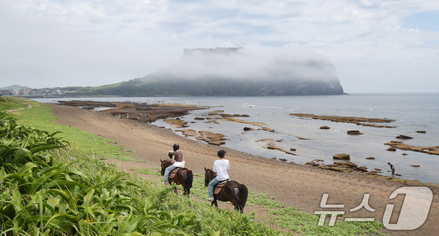 (서귀포=뉴스1) 오현지 기자 = 19일 오전 제주 서귀포시 성산읍 광치기해변에서 관광객들이 해무 낀 성산일출봉을 배경으로 승마체험을 하고 있다. 2025.6.19/뉴스1