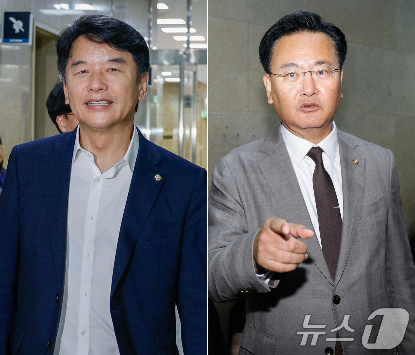 (서울=뉴스1) 안은나 기자 = 문진석 더불어민주당 원내수석부대표(왼쪽)가 유상범 국민의힘 원내수석부대표가 19일 오후 서울 여의도 국회에서 원 구성 협상 등 관련 회동을 위해 각 …