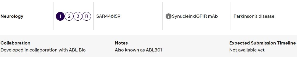 본문 이미지 - 파킨슨병 등 퇴행성뇌질환 이중항체 신약 후보물질 'ABL301'이 사노피 주요 파이프라인 목록에 이름을 올리고 있다.(사노피 제공)/뉴스1