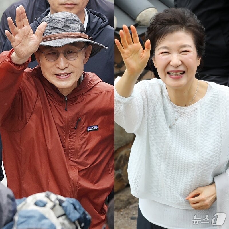 본문 이미지 - 제21대 대통령선거를 하루 앞둔 2일 이명박·박근혜 전 대통령이 나란히 공개 행보에 나섰다. 사진은 서울시장 재임 시절 복원한 청계천을 찾은 이명박 전 대통령과 부산 금정구 범어사를 방문한 박근혜 전 대통령. 2025.6.2/뉴스1 ⓒ News1 황기선 기자,윤일지 기자