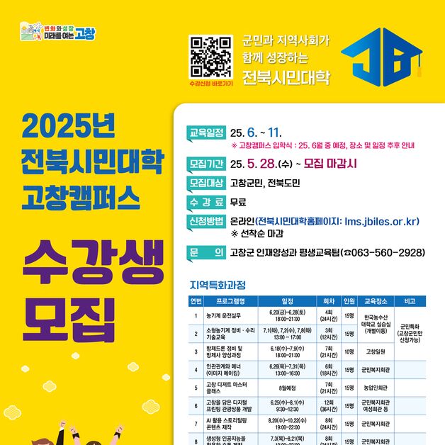 고창군, 전북시민대학 고창캠퍼스 수강생 모집…자격증 등 11개 분야