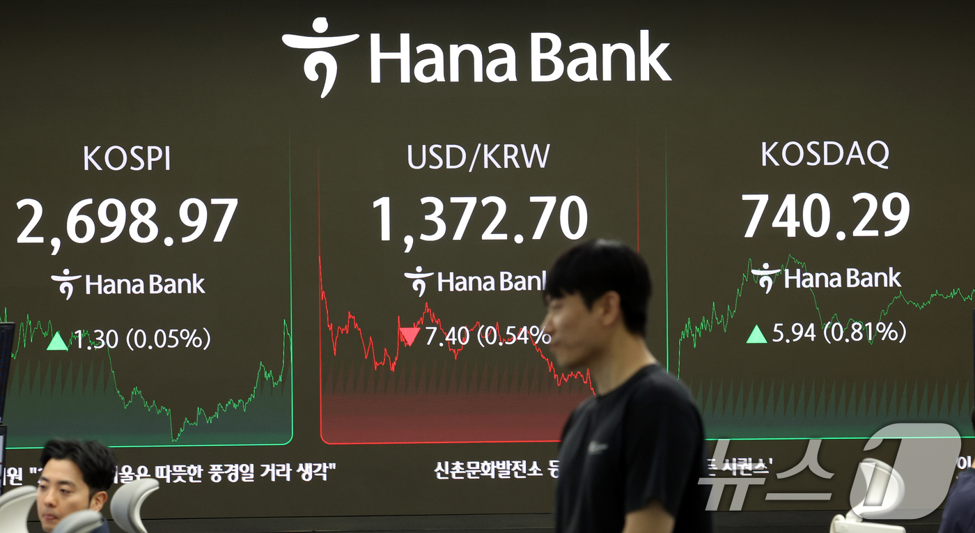 (서울=뉴스1) 김명섭 기자 = 2일 서울 중구 하나은행 딜링룸에 코스피, 코스닥 종가와 환율 시황이 표시되고 있다. 이날 코스피는 전날 종가와 비교해 1.30포인트(p)(0.05 …
