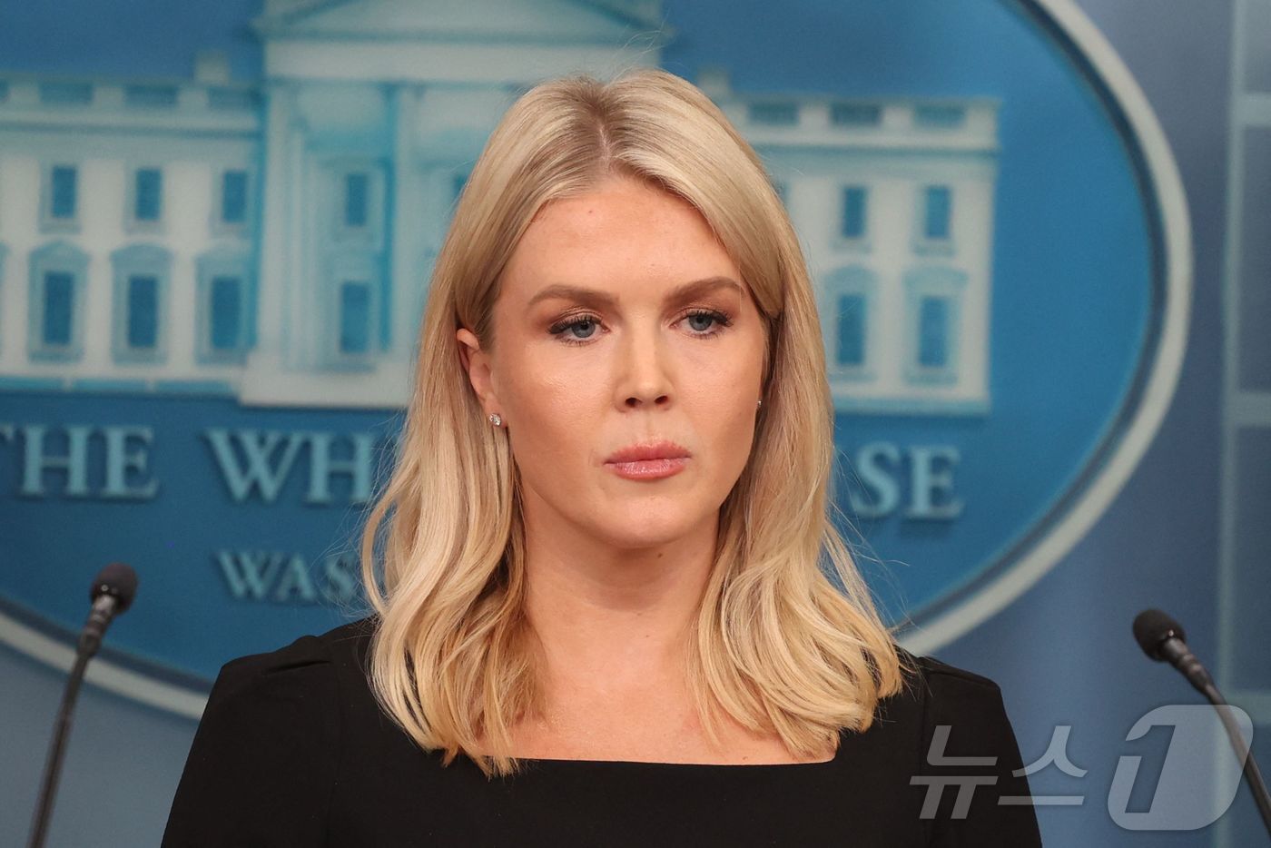 (워싱턴DC AFP=뉴스1) 류정민 특파원 = 캐롤라인 리빗 백악관 대변인이 19일(현지시간) 워싱턴DC 백악관에서 브리핑을 진행하고 있다. 레빗 대변인은 이날 브리핑에서 도널드 …