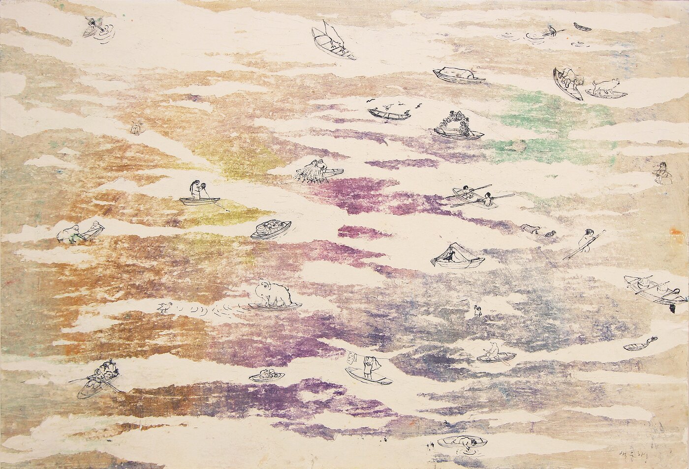 본문 이미지 - 백은하 BAEK Eunha, 강과 배 1, River and Boat 1, 2025, Natural dye, textile dye, pen on paper, 54.5 x 78.5 cm  &#40;아라리오갤러리 서울 제공&#41;