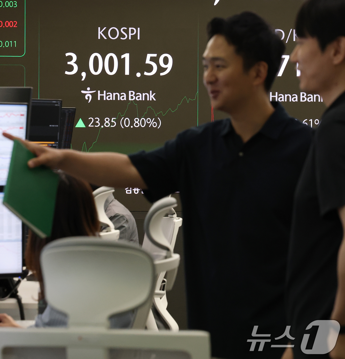 (서울=뉴스1) 오대일 기자 = 코스피가 3년 5개월 여 만에 장중 3000선을 돌파한 20일 오전 서울 중구 하나은행 본점 딜링룸 전광판에 코스피 지수가 표시되고 있다.코스피가 …