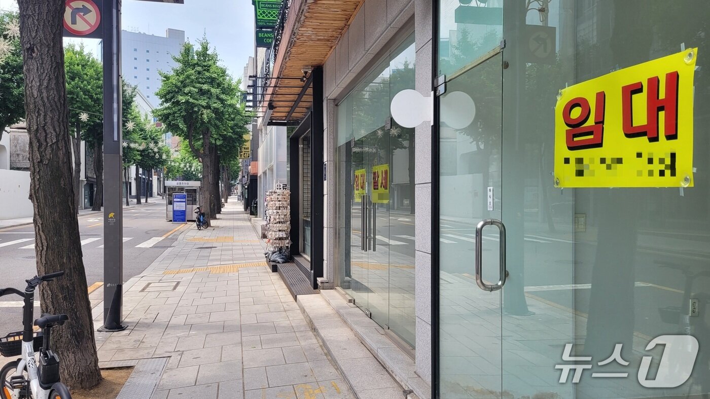 본문 이미지 - 19일 서울 강남구 신사동 가로수길의 빈 상가에 임대 문구가 붙어 있다. 2025.6.19/뉴스1 ⓒ News1 이정환 기자