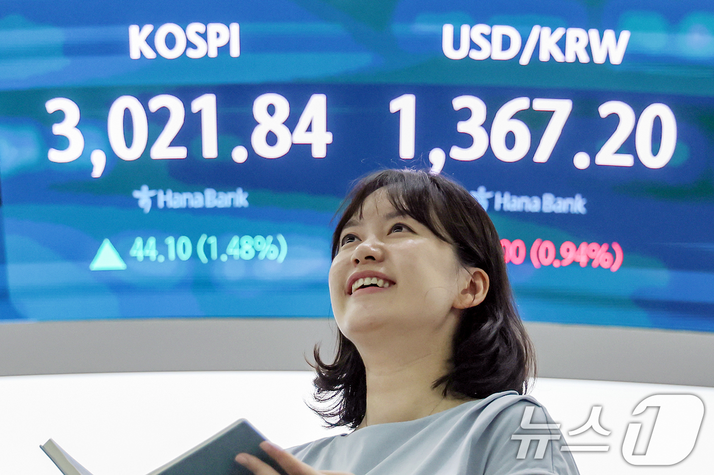 (서울=뉴스1) 민경석 기자 = 20일 오후 서울 중구 하나은행 딜링룸 전광판에 코스피 지수가 전일 대비 44.10포인트(1.48%) 상승한 3,021.84를, 원·달러환율은 13 …