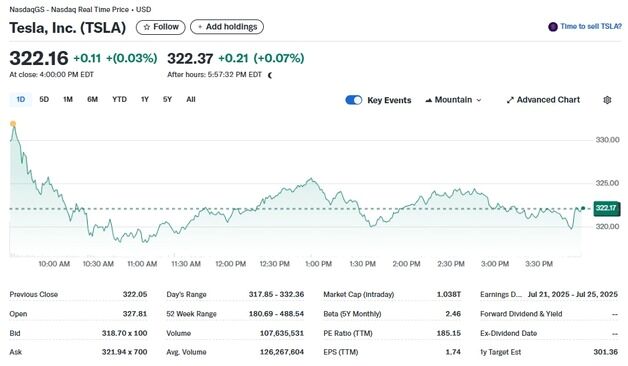 로보택시 시험 운행 앞두고 신중론, 테슬라 0.03% 상승에 그쳐