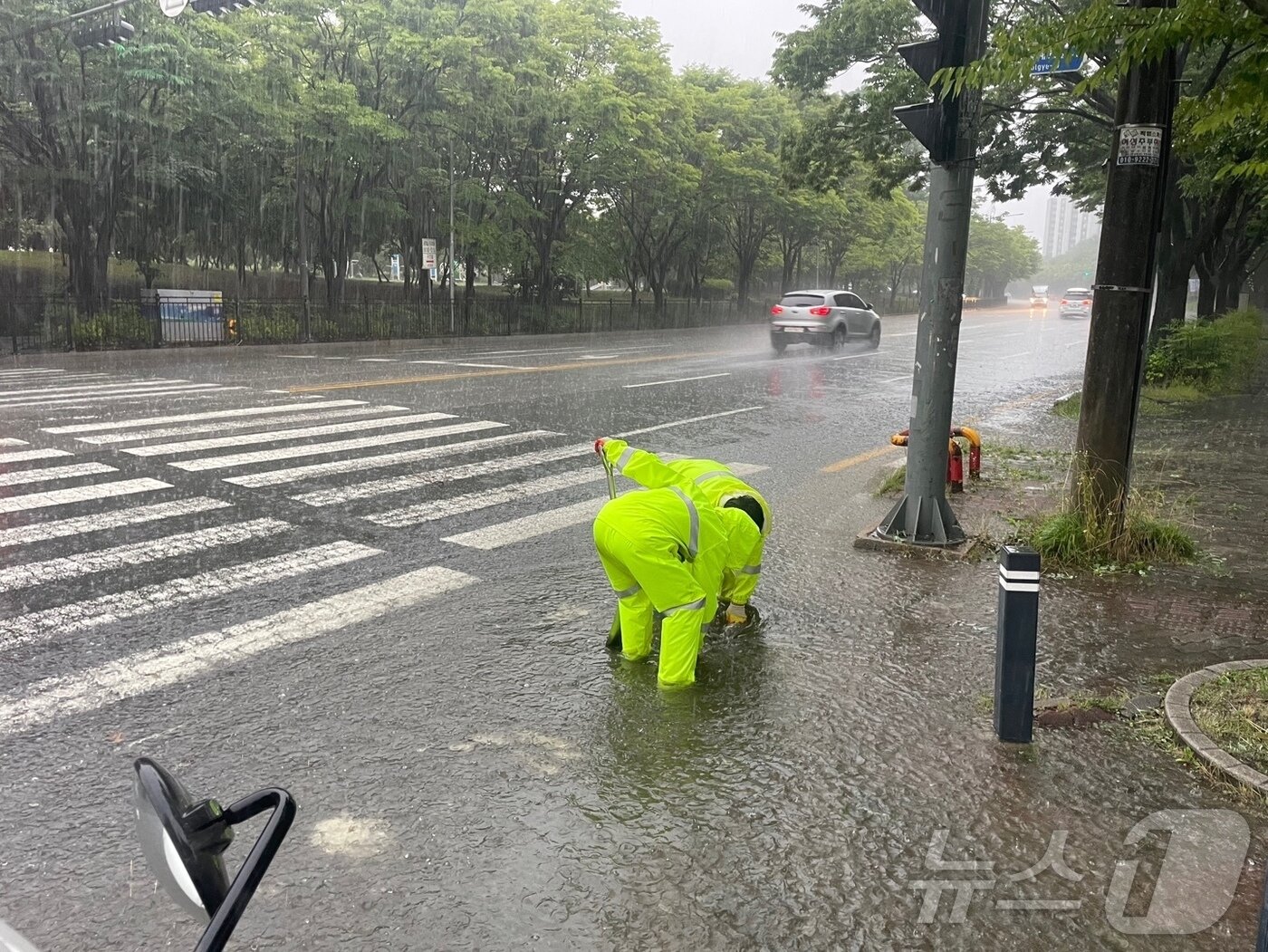 본문 이미지 - 세찬 장맛비가 내리고 있는 21일 광주 광산구 관계자들이 도로 맨홀 뚜껑을 정비하고 있다. &#40;광산구 제공. 재판매 및 DB 금지&#41; 2025.6.21/뉴스1 