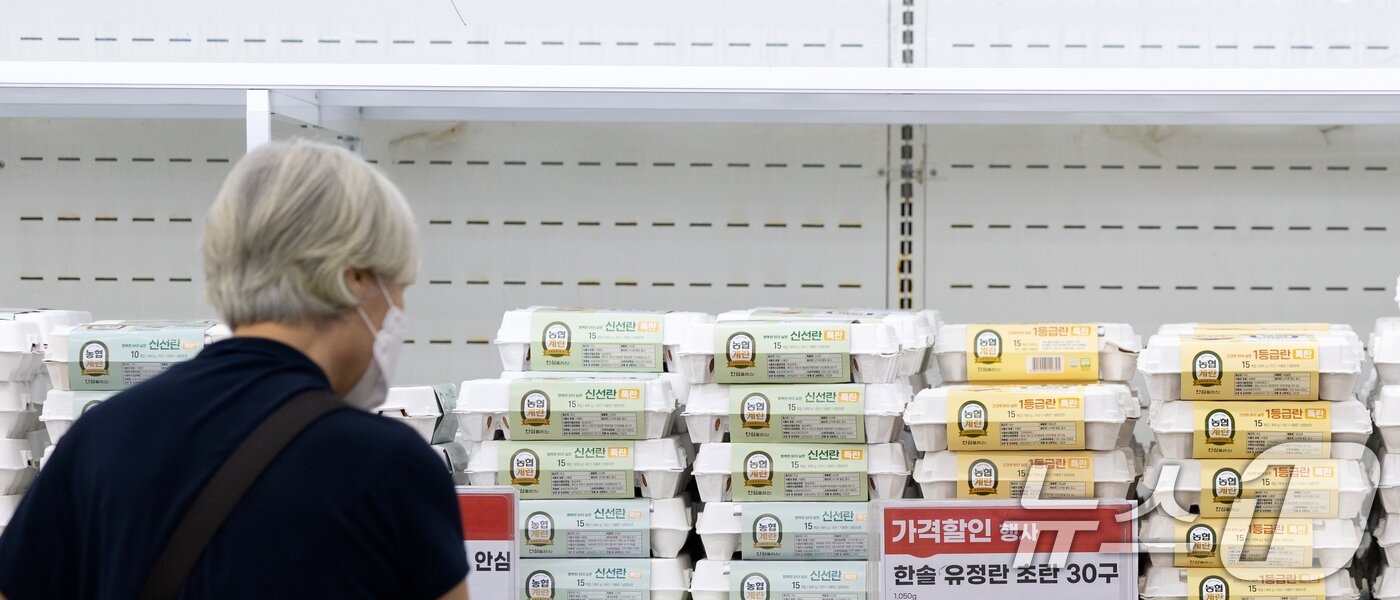 본문 이미지 - 계란 가격이 4년 만에 최고 수준을 기록하며 대형마트들이 가격 인상을 억제하기 위해 총력을 기울이고 있다. 유통업계와 축산물품질평가원에 따르면, 지난달 특란 30개 한 판의 평균 소비자 가격은 7026원으로 나타났다. 이는 2021년 7월 이후 처음으로 7000원을 넘어선 수치다. 이에 대형 마트들은 납품가가 10~20% 올랐음에도 이윤을 줄이면서 소비자 가격을 8000원 미만으로 최대한 유지하겠다는 방침이다. 22일 서울 시내의 한 대형마트에 계란이 진열돼 있다. 2025.6.22/뉴스1 ⓒ News1 이승배 기자