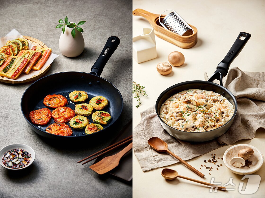본문 이미지 - 사진은 써모스 '플라즈마Z 논스틱 프라이팬 28cm'(왼쪽)과 '듀라코어 논스틱 프라이팬 20cm' (써모스 제공)