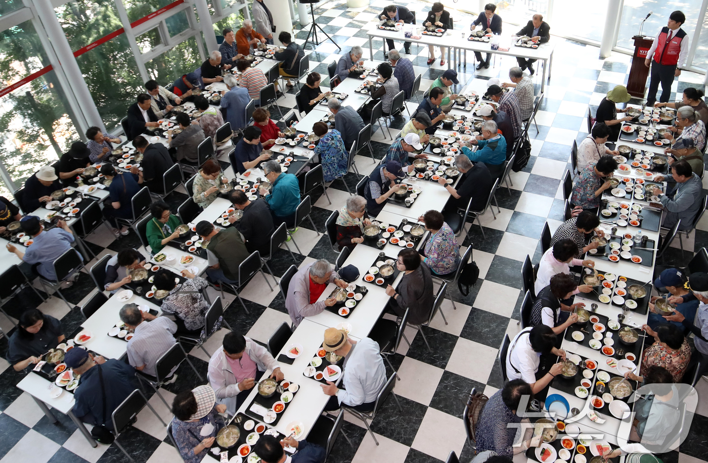 (부산=뉴스1) 윤일지 기자 = 23일 부산 사상구 경남정보대학교 학생식당에서 열린 '사랑의 삼계탕 나누기 행사'에서 총학생회와 자원봉사자들이 제75주년 6·25 전쟁일을 앞두고 …