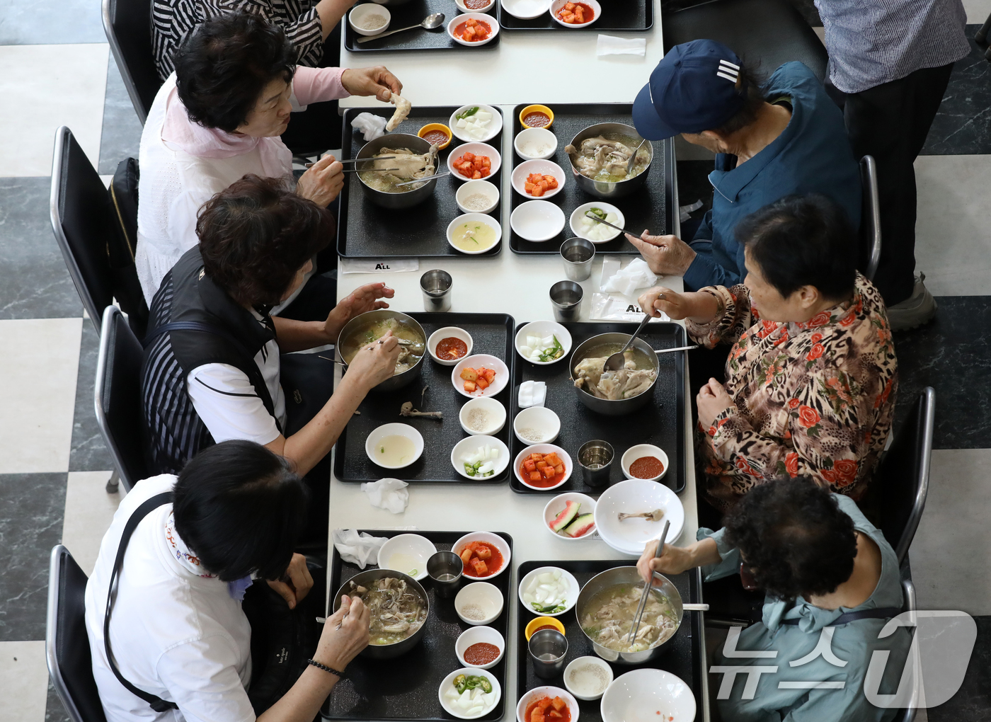 (부산=뉴스1) 윤일지 기자 = 23일 부산 사상구 경남정보대학교 학생식당에서 열린 '사랑의 삼계탕 나누기 행사'에서 총학생회와 자원봉사자들이 제75주년 6·25 전쟁일을 앞두고 …