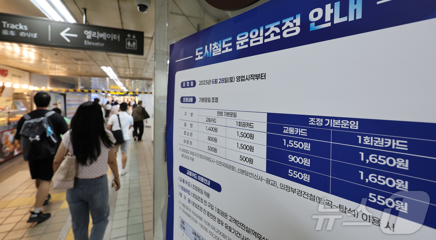 (서울=뉴스1)  박지혜 기자 = 서울·수도권 지하철 요금이 이번 주말부터 150원 오른다. 23일 서울 지하철 2호선 을지로입구역에 도시철도 운임조정 안내문이 붙어 있다.이날 서 …