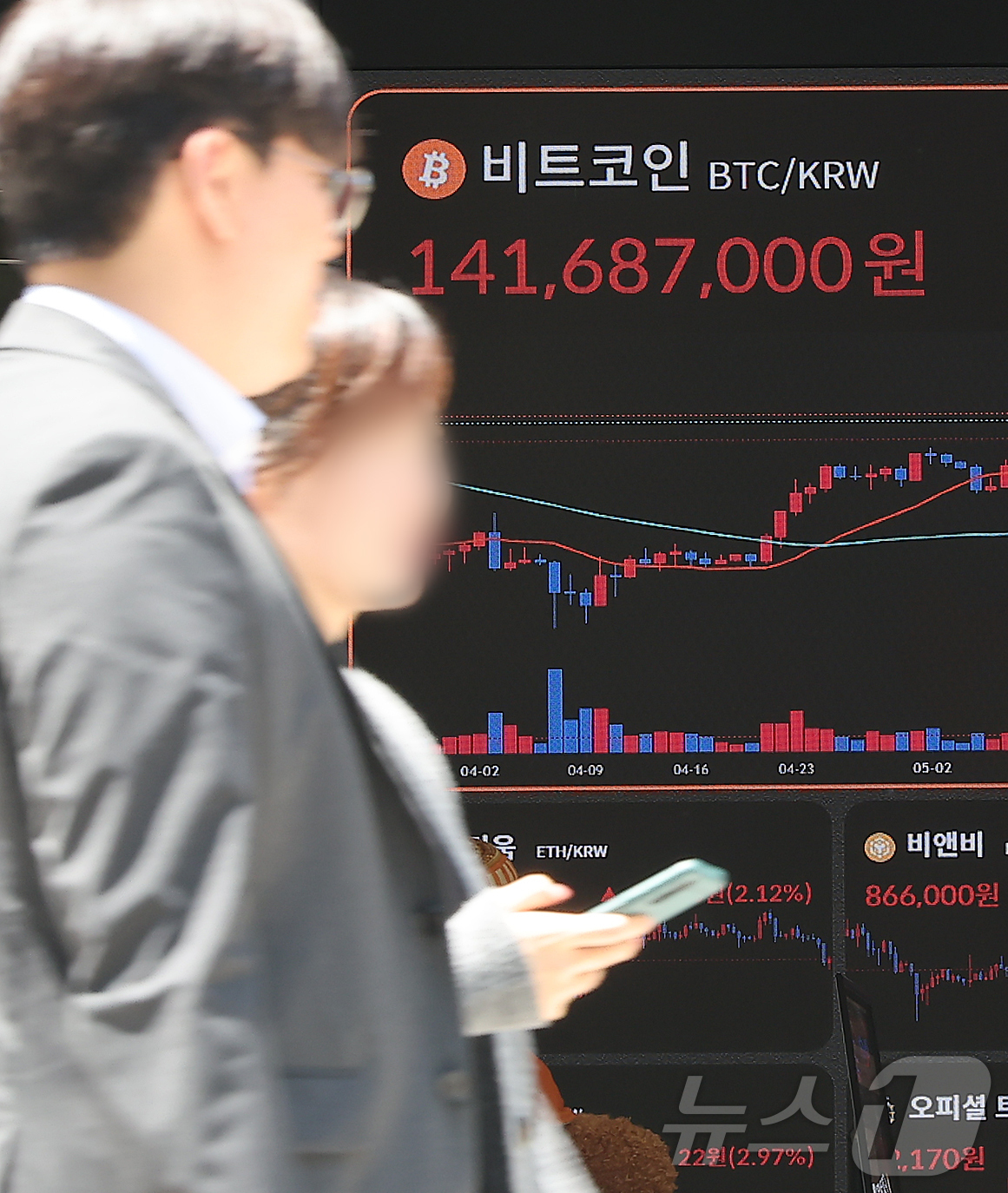 (서울=뉴스1) 김진환 기자 = 23일 서울 강남구 서초구 빗썸라운지 강남본점 전광판에 비트코인 거래 가격이 표시되고 있다.비트코인은 미국의 이란 핵시설 공격으로 중동 위기 여파로 …