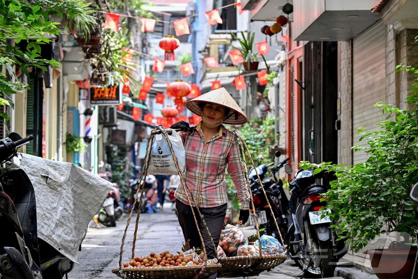 (하노이 AFP=뉴스1) 권영미 기자 = 베트남 하노이의 올트쿼터에서 한 상인이 열대과일인 리치를 팔고 있다. 2025.06.23.ⓒ AFP=뉴스1