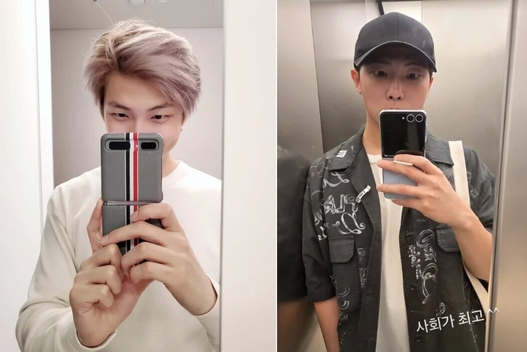 본문 이미지 - RM은 지난 2020년 출시된 &#39;갤럭시Z플립 톰브라운 에디션&#39;을 사용하는 모습을 보인 이후, 그간 꾸준히 갤럭시Z플립 시리즈를 사용하는 모습을 보였다. &#40;RM SNS·X 갈무리&#41;/뉴스1