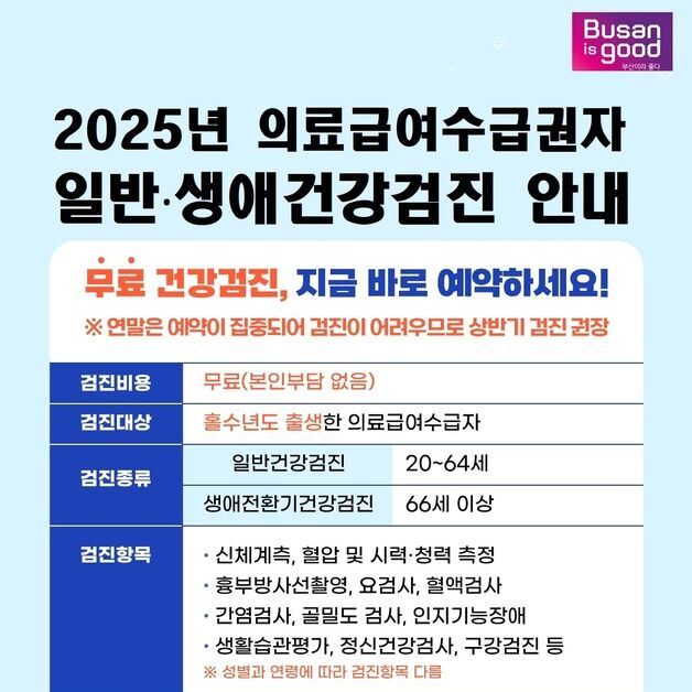 부산시 "홀수 연도 출생자, 의료급여수급자 무료 건강검진 받으세요"