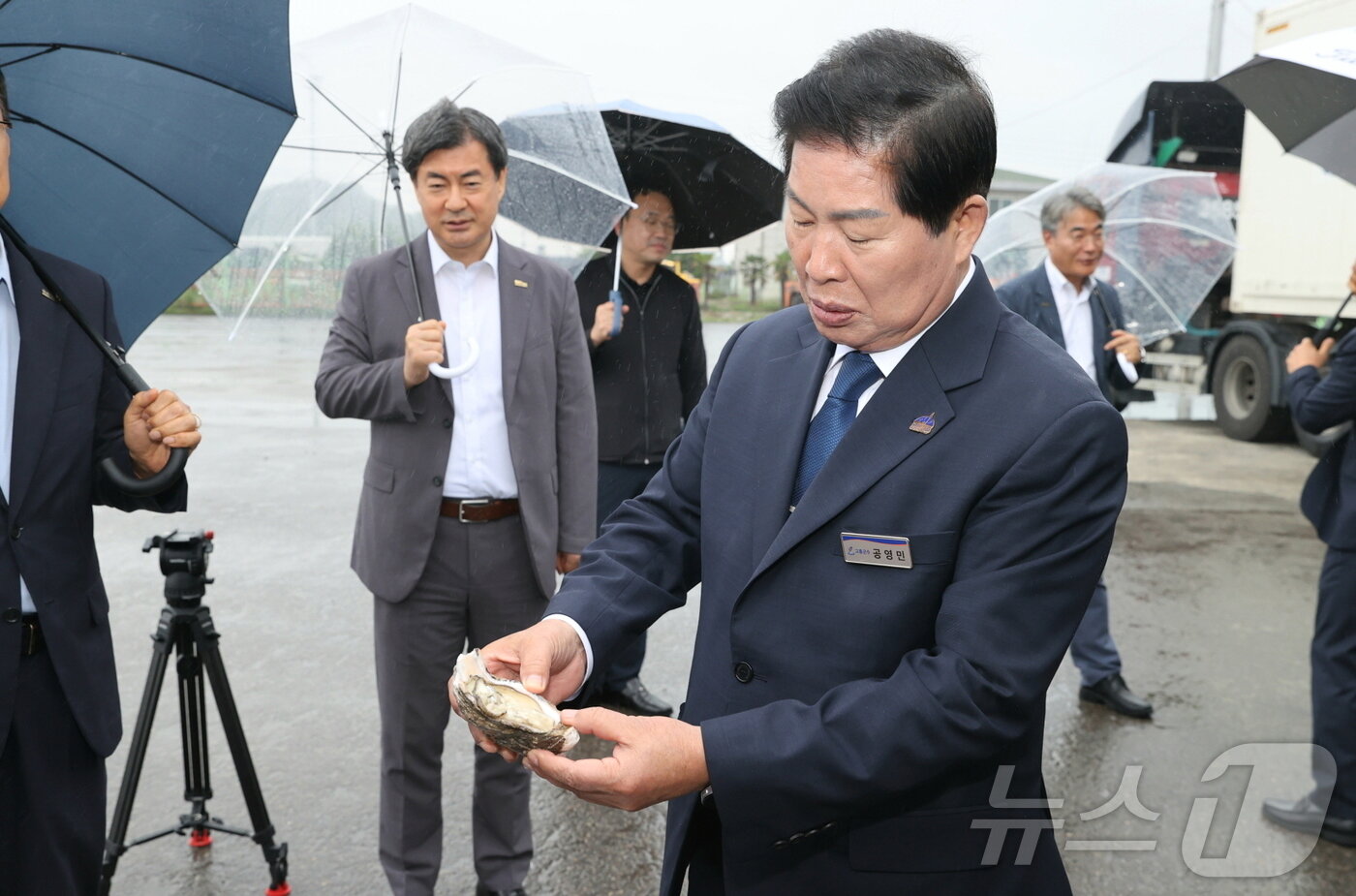 본문 이미지 - 공영민 고흥군수가 24일 녹동신항에서 열린 '황금개체굴 중국 수출 상차식'에서 굴을 살펴보고 있다.(고흥군 제공. 재판매 및 DB 금지)