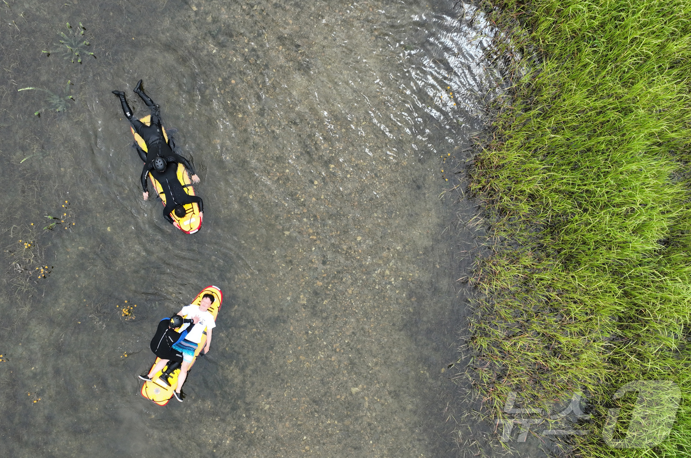 (대전=뉴스1) 김기태 기자 = 대전 동부소방서 소속 구조대원과 안전센터 직원들이 24일 대덕구 현도교 일원에서 익수자 및 고립 요구조자 상황을 가상해 서프보드 등 수난구조장비 활 …