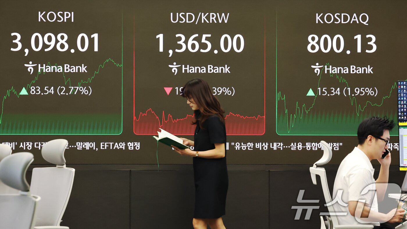 본문 이미지 - 24일 오후 서울 중구 하나은행 딜링룸 전광판에 송출되는 코스닥 지수가 장중 800을 넘어서고 있다. 2025.6.24/뉴스1 ⓒ News1 장수영 기자