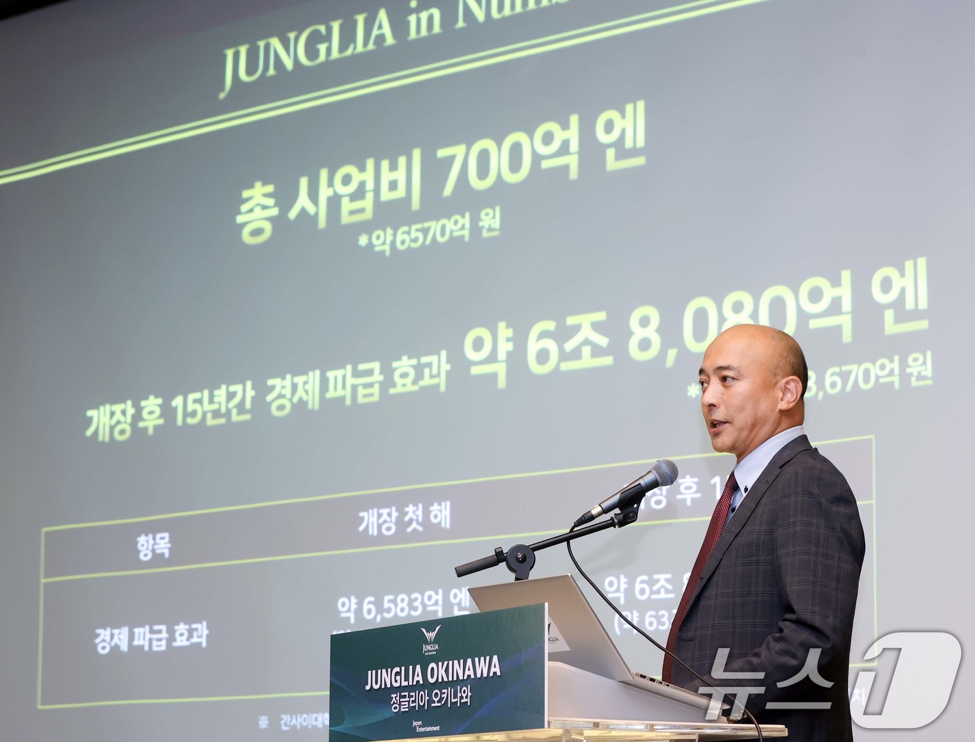 (서울=뉴스1) 이연주 기자 = 24일 서울 중구 더 프라자호텔에서 열린 '정글리아 오키나와' 기자간담회에서 사토 다이스케 재팬엔터테인먼트 부사장이 발표를 하고 있다. (재팬 엔터 …