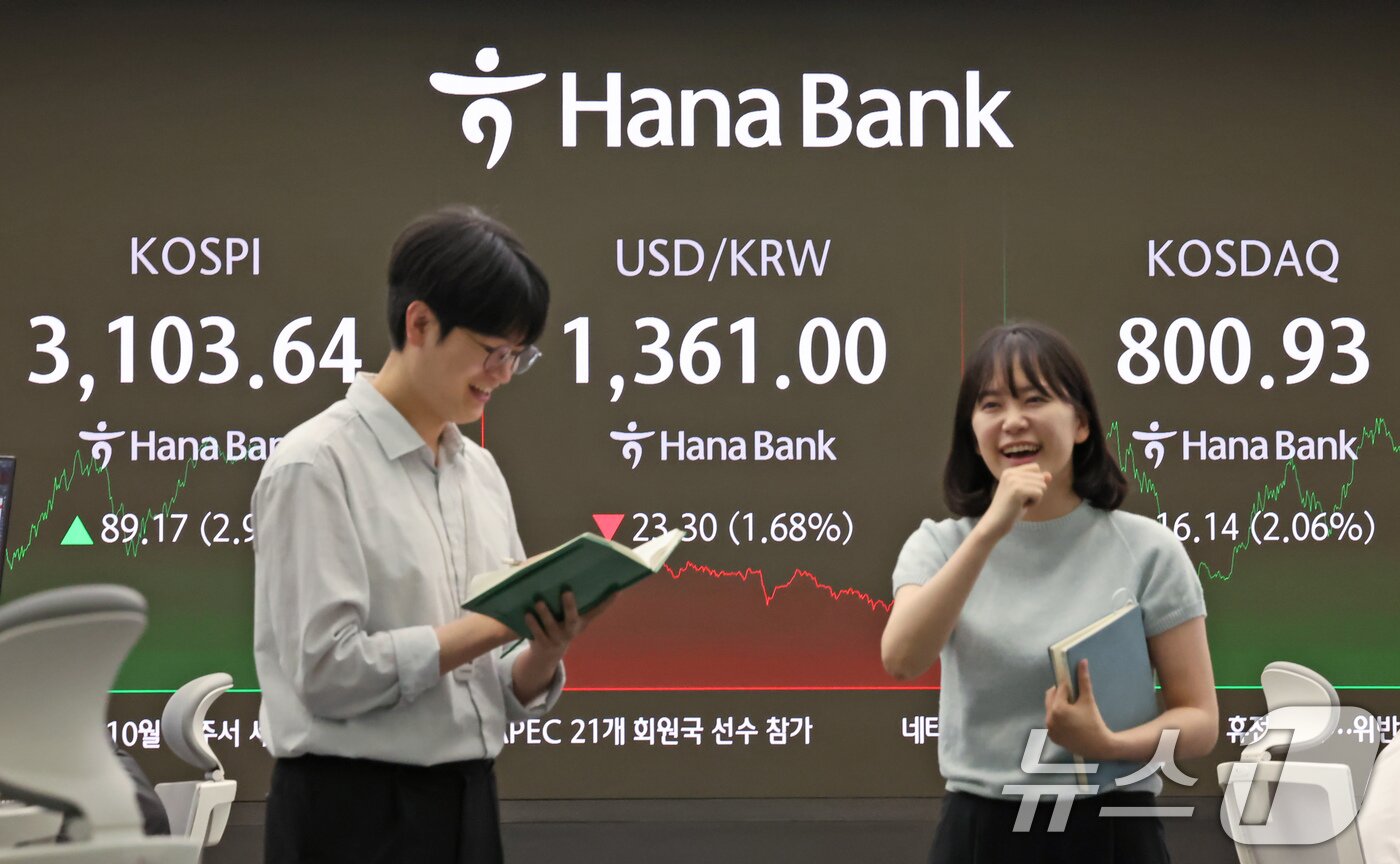 본문 이미지 - 24일 오후 서울 중구 하나은행 딜링룸 전광판에 코스피와 코스닥 종가, 환율이 표시되고 있다.  2025.6.24/뉴스1 ⓒ News1 장수영 기자