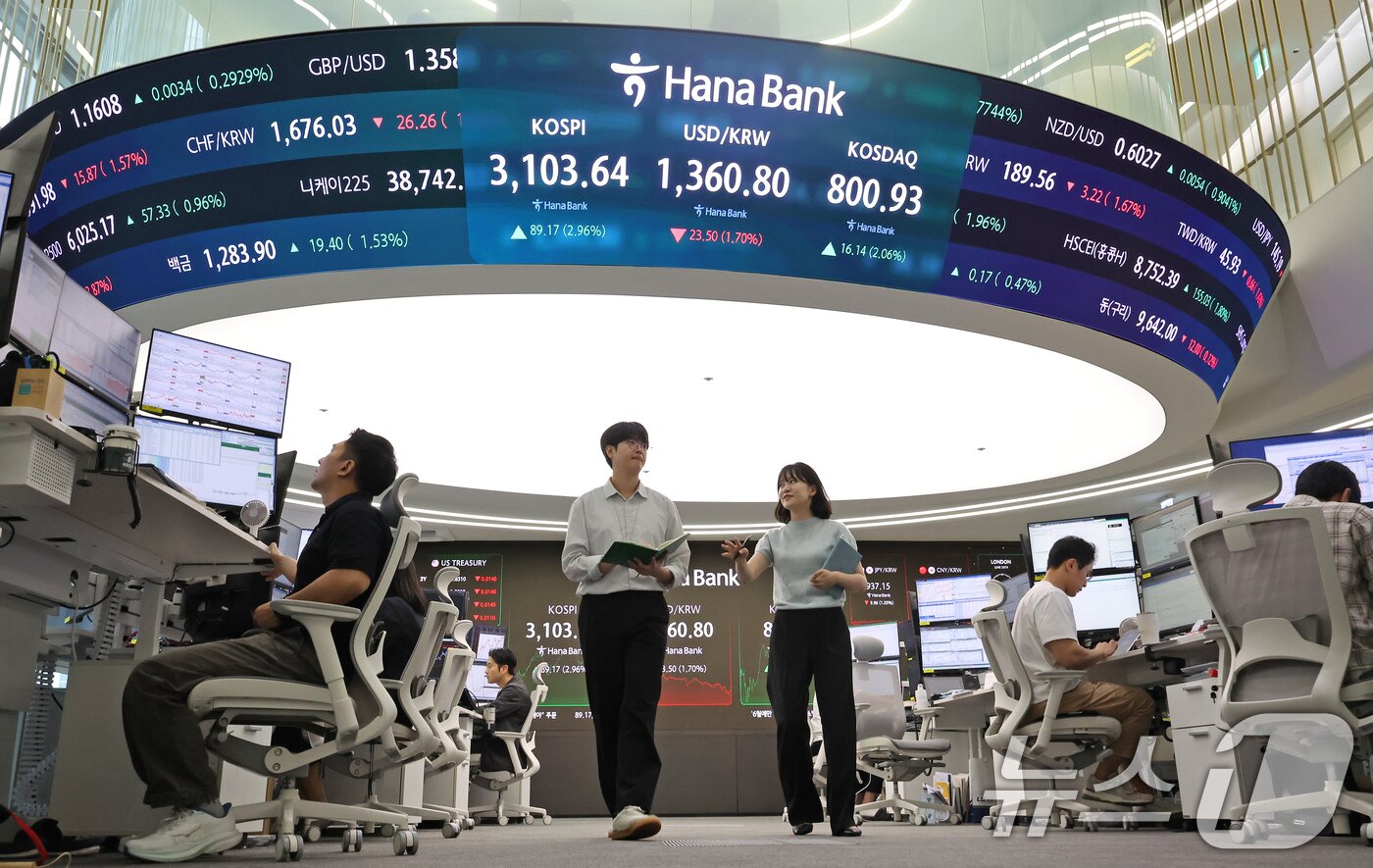본문 이미지 - 24일 오후 서울 중구 하나은행 딜링룸 전광판에 코스피와 코스닥 종가, 환율이 표시되고 있다. 2025.6.24/뉴스1 ⓒ News1 장수영 기자