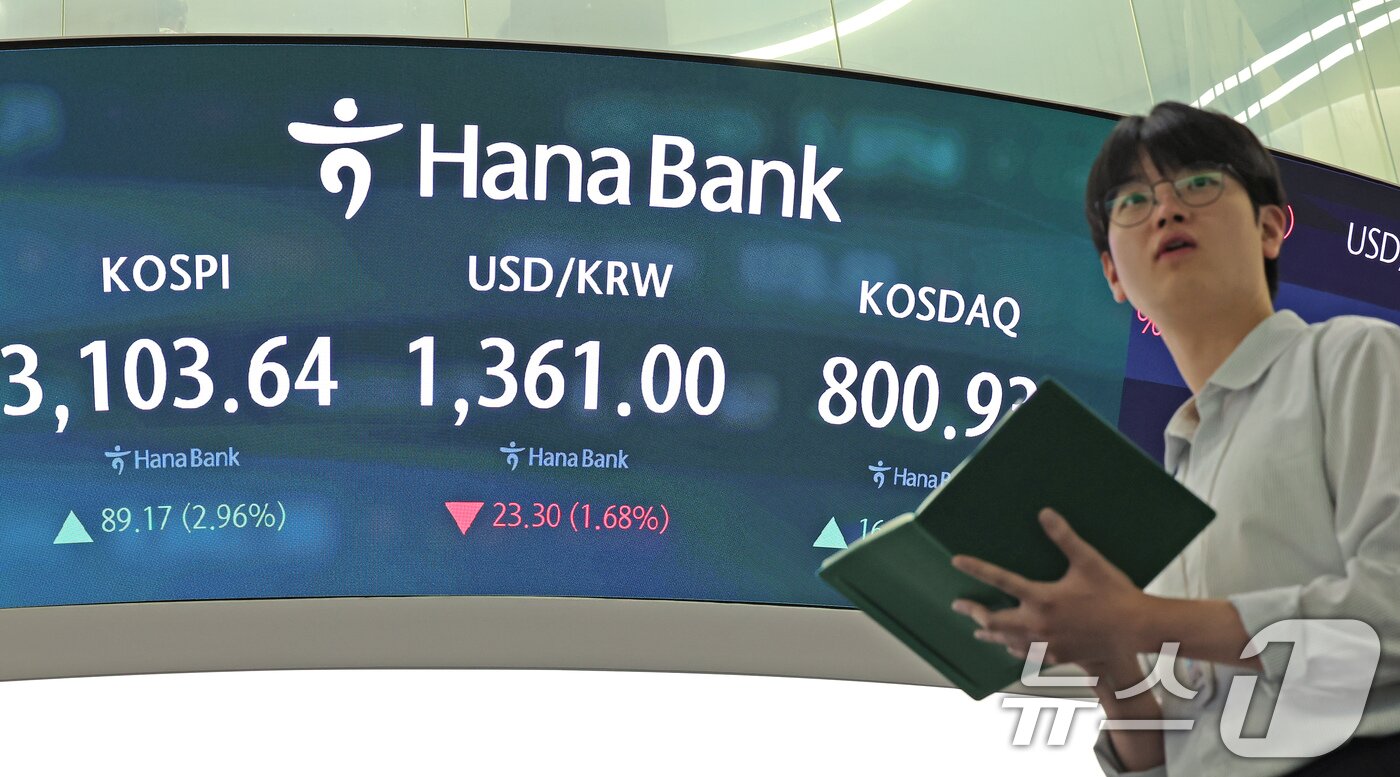 본문 이미지 - 24일 오후 서울 중구 하나은행 딜링룸 전광판에 코스피와 코스닥 종가, 환율이 표시되고 있다. 2025.6.24/뉴스1 ⓒ News1 장수영 기자