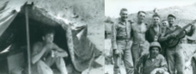 본문 이미지 - 1952년 여름, 전쟁 중 야전 막사에서 식사 중인 미 해병 제1사단 제5연대 제1대대 A중대 소속 레오니드스 오졸린스 일등병. 오른쪽 사진은 오졸린스 일등병&#40;두 번째 줄 왼쪽에서 두 번째&#41;이 동료들과 자유 시간을 보내는 모습이다.&#40;라트비아 전쟁박물관 제공&#41;