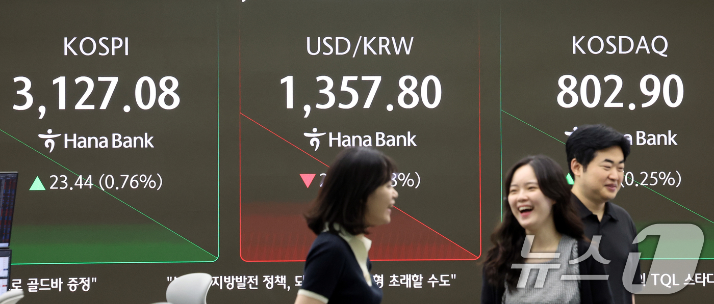 (서울=뉴스1) 김명섭 기자 = 25일 오전 서울 중구 하나은행 딜링룸 전광판에  코스피·코스닥지수가 전거래일 보다 상승세로 장을 시작하고 있다.코스닥이 800을 넘어선 것은 약 …