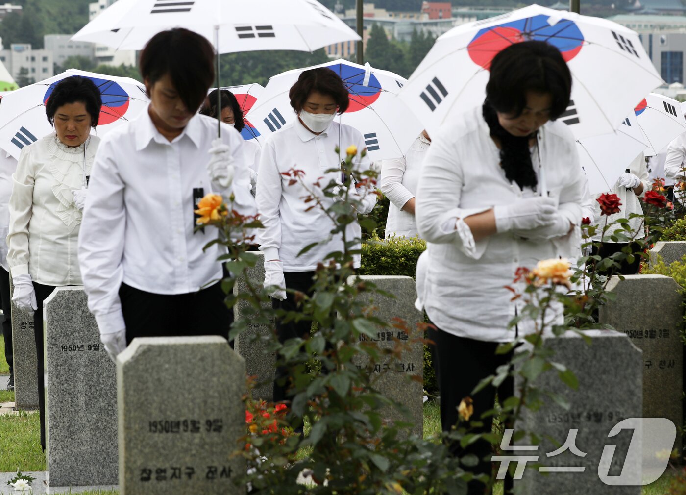 본문 이미지 - 25일 오전 부산 남구 유엔기념공원에서 열린 제75주년 6·25전쟁 참전 유엔전몰용사 추모제에서 태극기 우산을 쓴 참석자들이 유엔군 전몰장병 묘역에 헌화한 뒤 묵념하고 있다. 2025.6.25/뉴스1 ⓒ News1 윤일지 기자