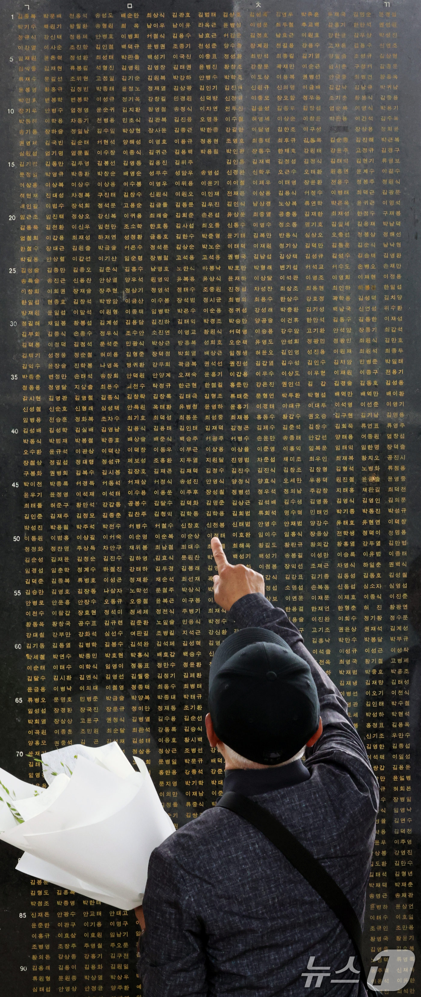 (서울=뉴스1) 황기선 기자 = 6·25전쟁 75주년인 25일 서울 용산구 전쟁기념관에서 참전용사 유가족이 명비 앞에서 이름을 찾고 있다. 2025.6.25/뉴스1