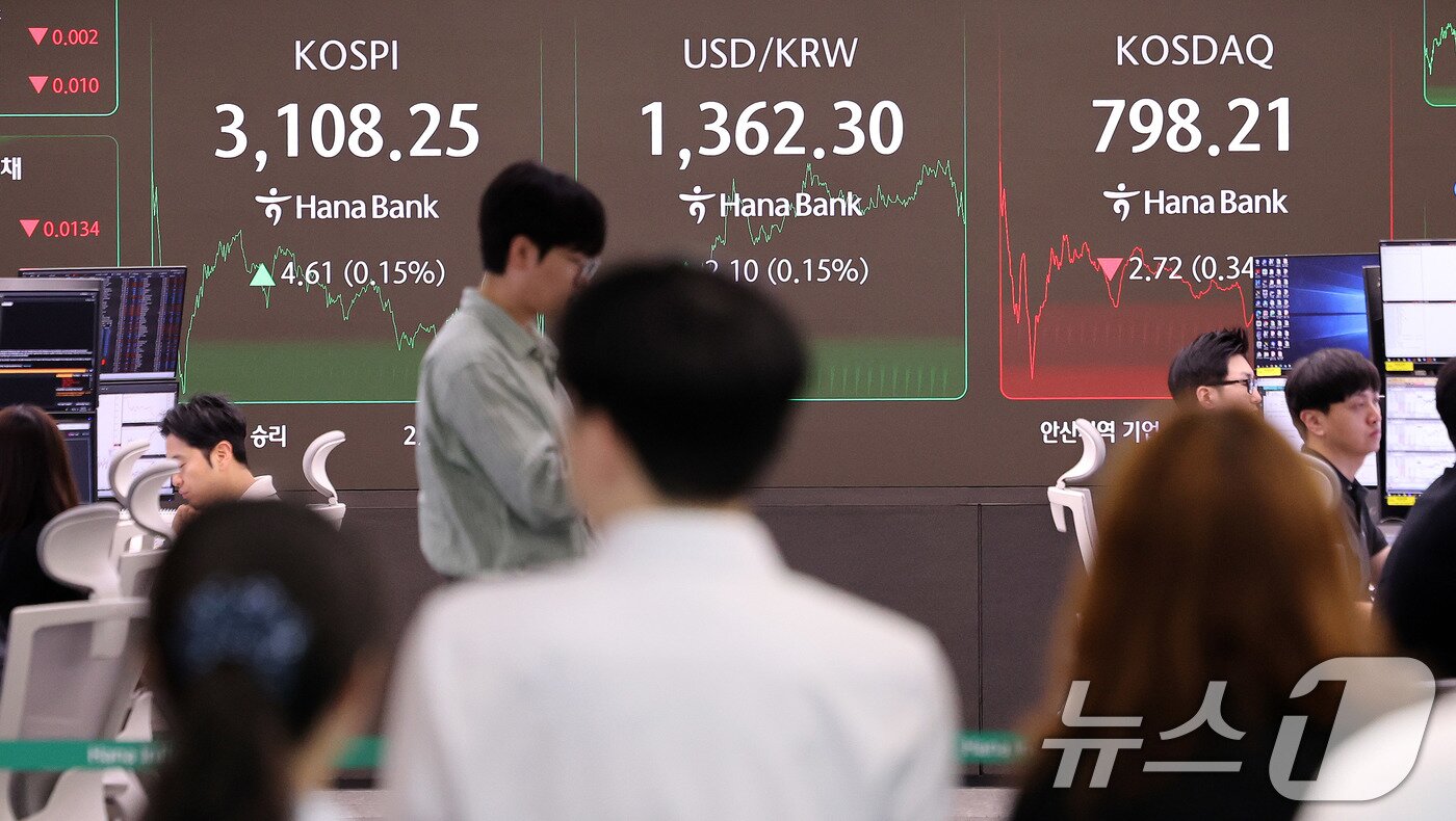 본문 이미지 - 서울 중구 하나은행 딜링룸 전광판에 코스피 종가가 표시되고 있다./뉴스1 ⓒ News1 박지혜 기자