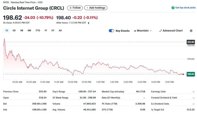 전일 15% 폭락했던 서클 오늘도 11%↓ 거품 붕괴하나