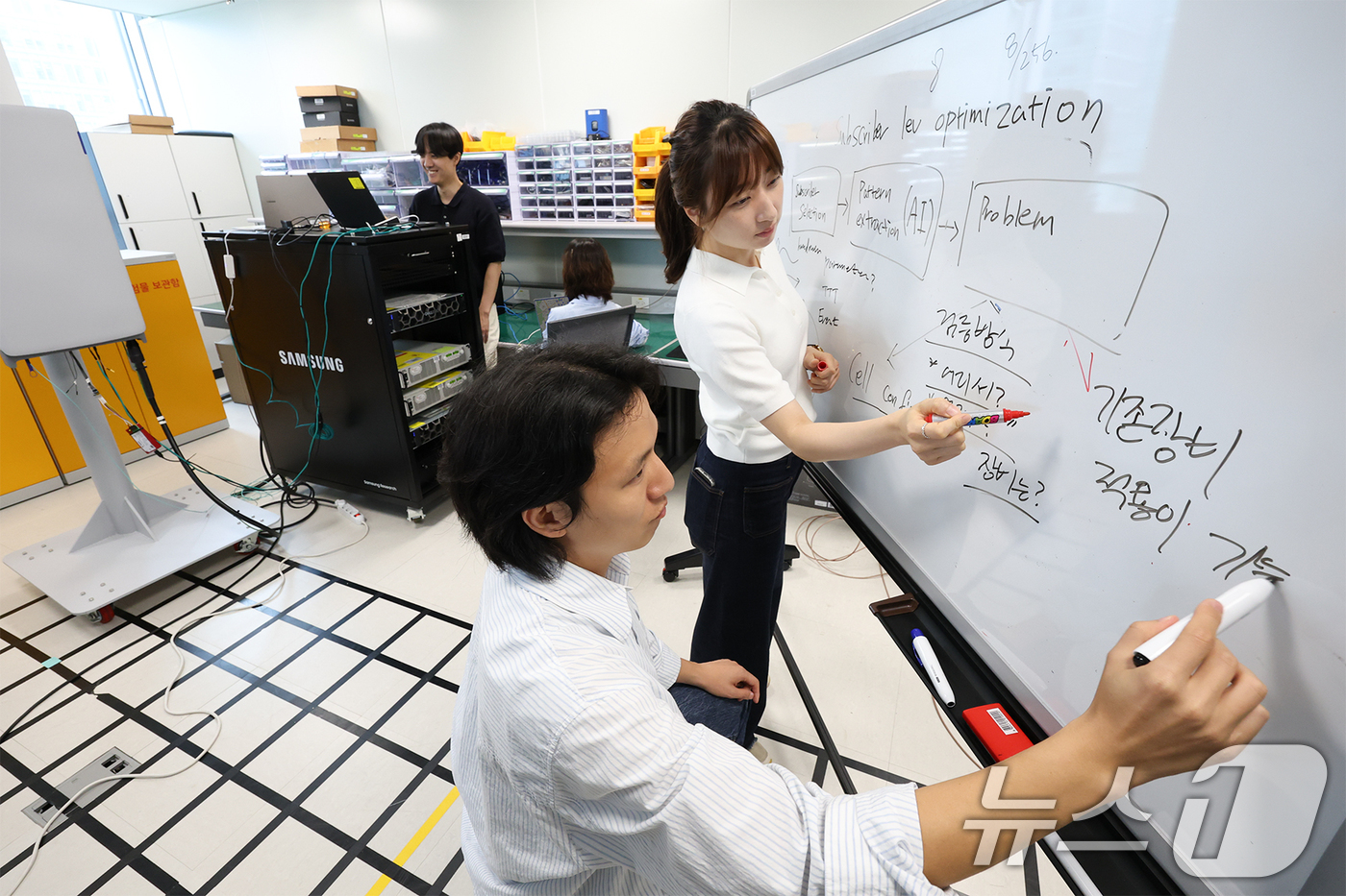 (서울=뉴스1) = KT가 삼성전자와 함께 AI 기반 무선망 최적화 기술 개발 및 검증에 성공했다고 26일 밝혔다.KT-삼성리서치 공동 연구팀이 무선망 최적화 기술 개발을 논의하고 …
