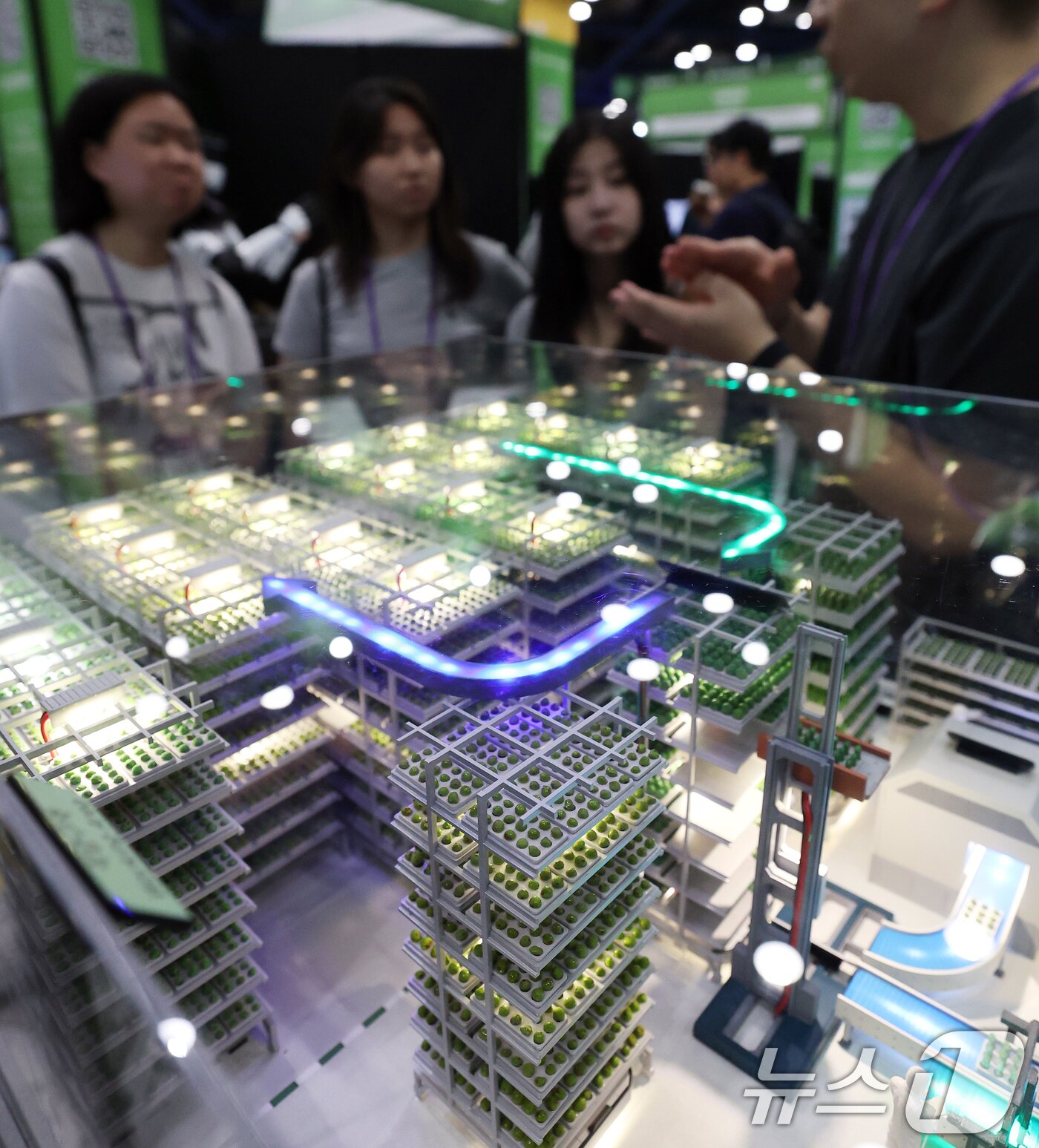 본문 이미지 - 26일 서울 강남구 코엑스에서 열린 &#39;넥스트라이즈 2025&#39;에서 로웨인이 지속가능한 미래 농업을 위한 로봇 수직농장 시스템을 선보이고 있다.  2025.6.26/뉴스1 ⓒ News1 오대일 기자