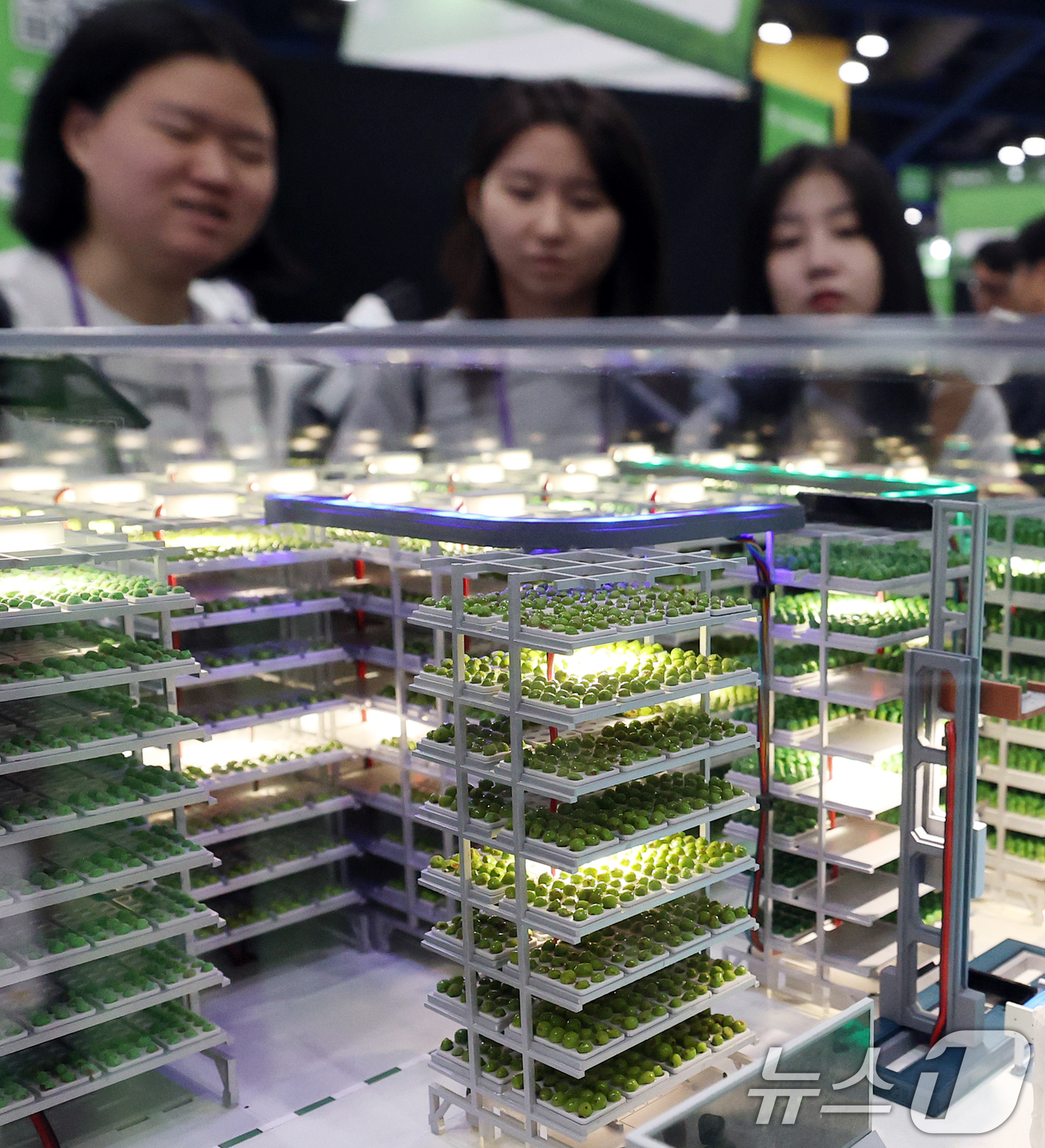 (서울=뉴스1) 오대일 기자 = 26일 서울 강남구 코엑스에서 열린 '넥스트라이즈 2025'에서 로웨인이 지속가능한 미래 농업을 위한 로봇 수직농장 시스템을 선보이고 있다.넥스트라 …
