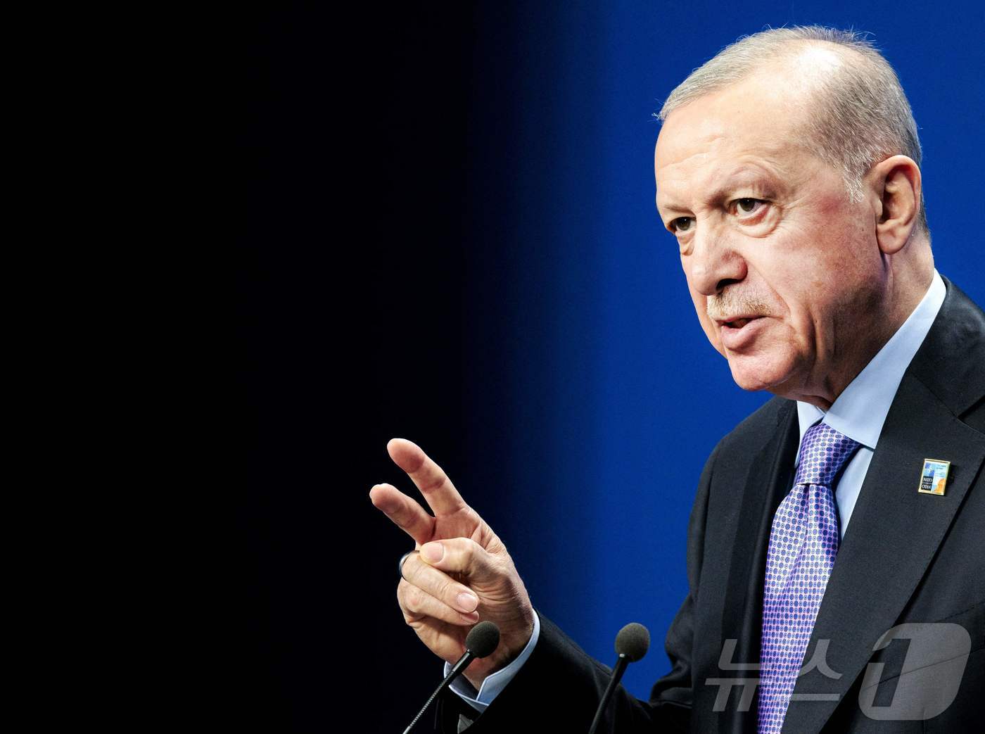 (헤이그 AFP=뉴스1) 김지완 기자 = 25일(현지시간) 레제프 타이이프 에르도안 튀르키예 대통령이 북대서양조약기구(NATO‧나토) 정상회의가 열리는 네덜란드 헤이그에서 기자회견 …