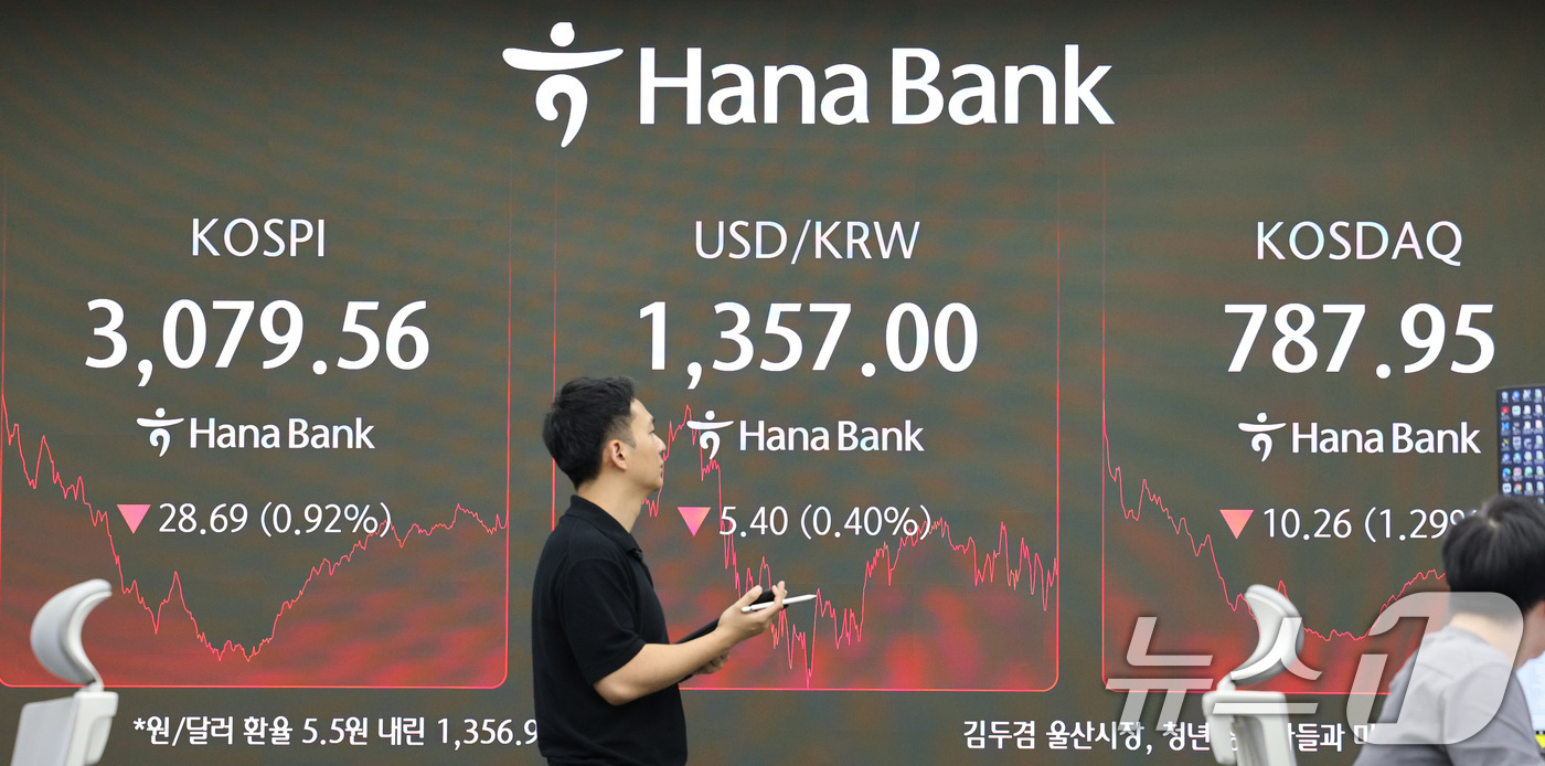 (서울=뉴스1) 신웅수 기자 = 26일 서울 중구 하나은행 본점 딜링룸 전광판에 코스피 지수가 표시되고 있다. 이날 코스피 지수는 전거래일 대비 28.69포인트(0.92%) 내린 …